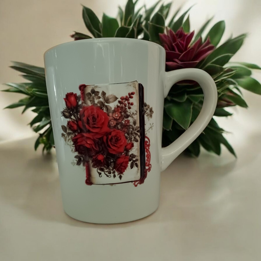 Handcrafted Floral White Mug with Red Rose Accents